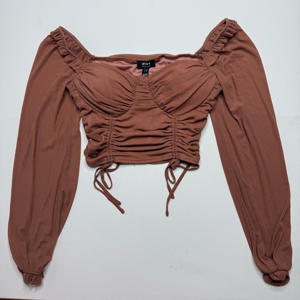 PRIVY Mesh Ruched Crop Top Tie Long Sleeve Feminine Mauve Rose - Picture 2 of 4